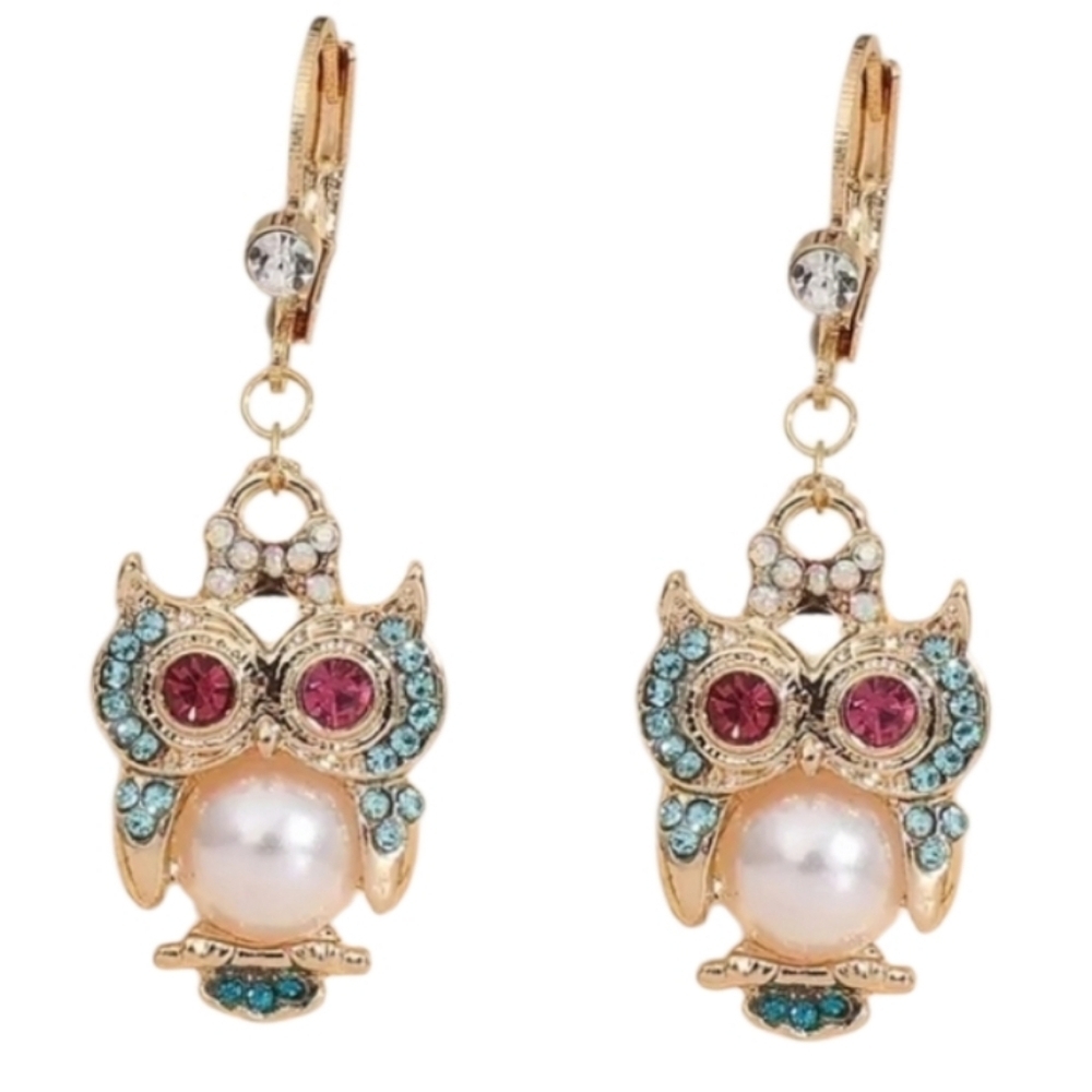 Owl Pearl Rhinestone Drop Earrings